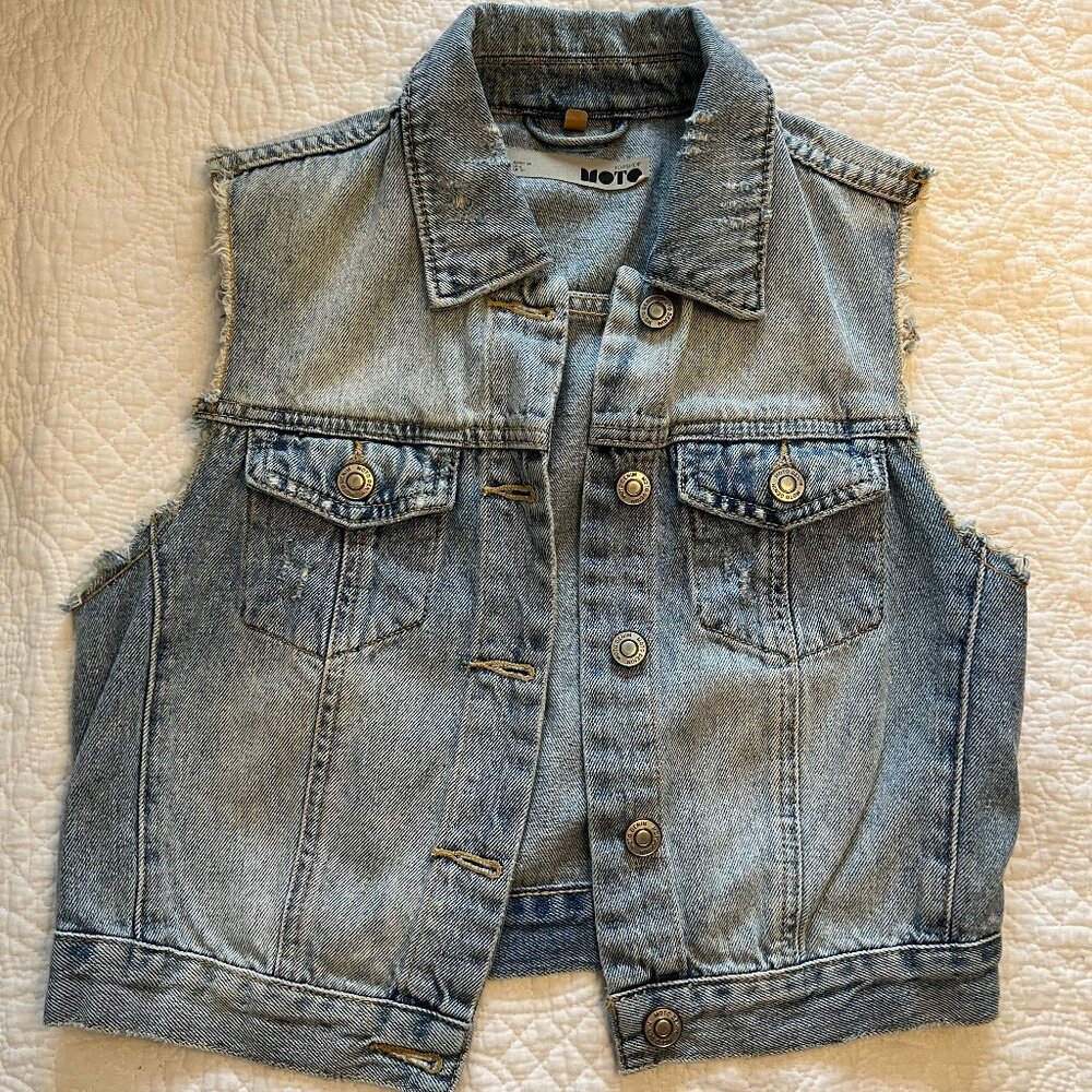 Topshop MOTO Denim Button Front Blue Jean Cropped Fitted Vest